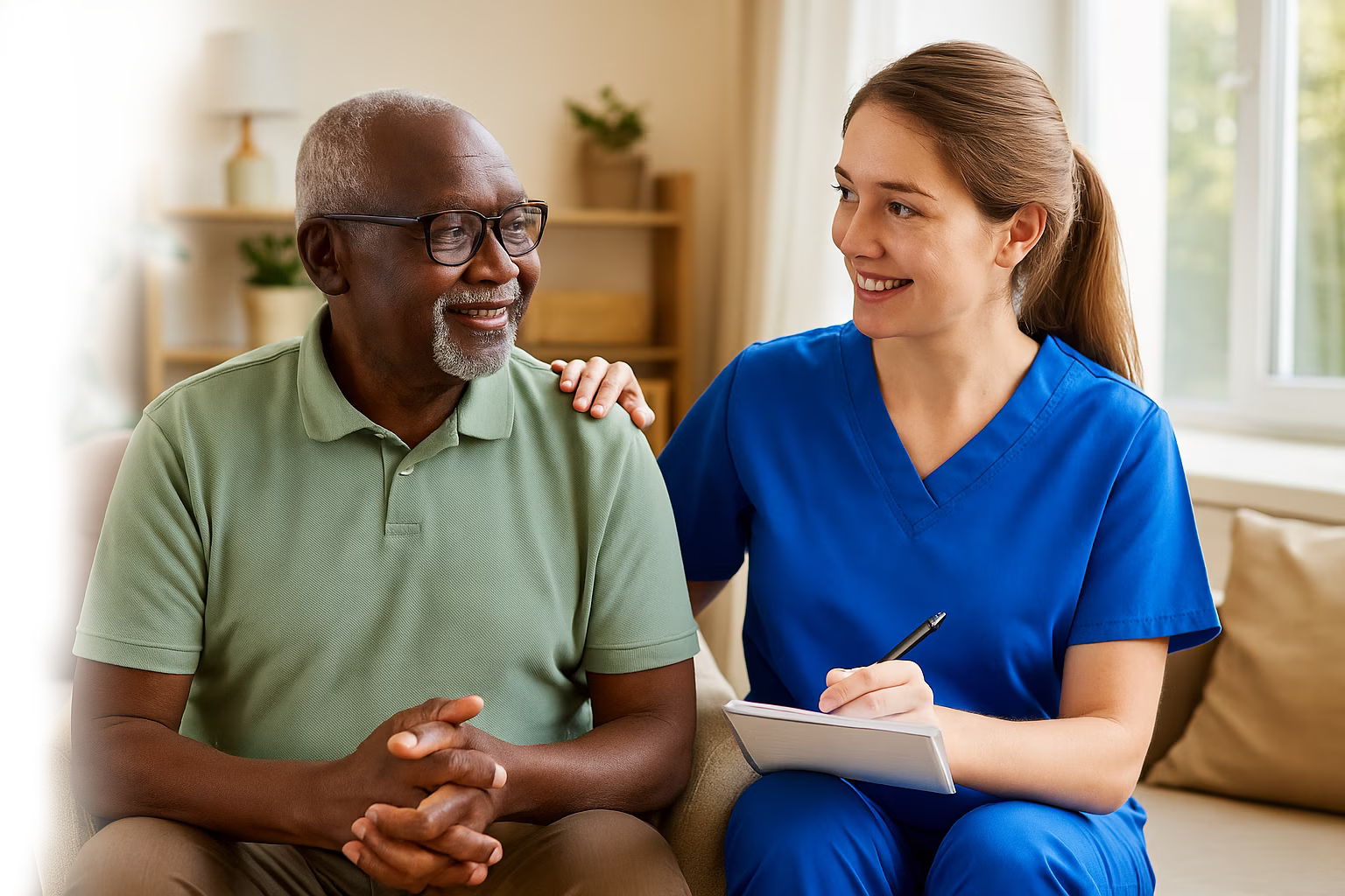 Believe Home Care caregiver and senior reviewing a personalized home care plan together at home