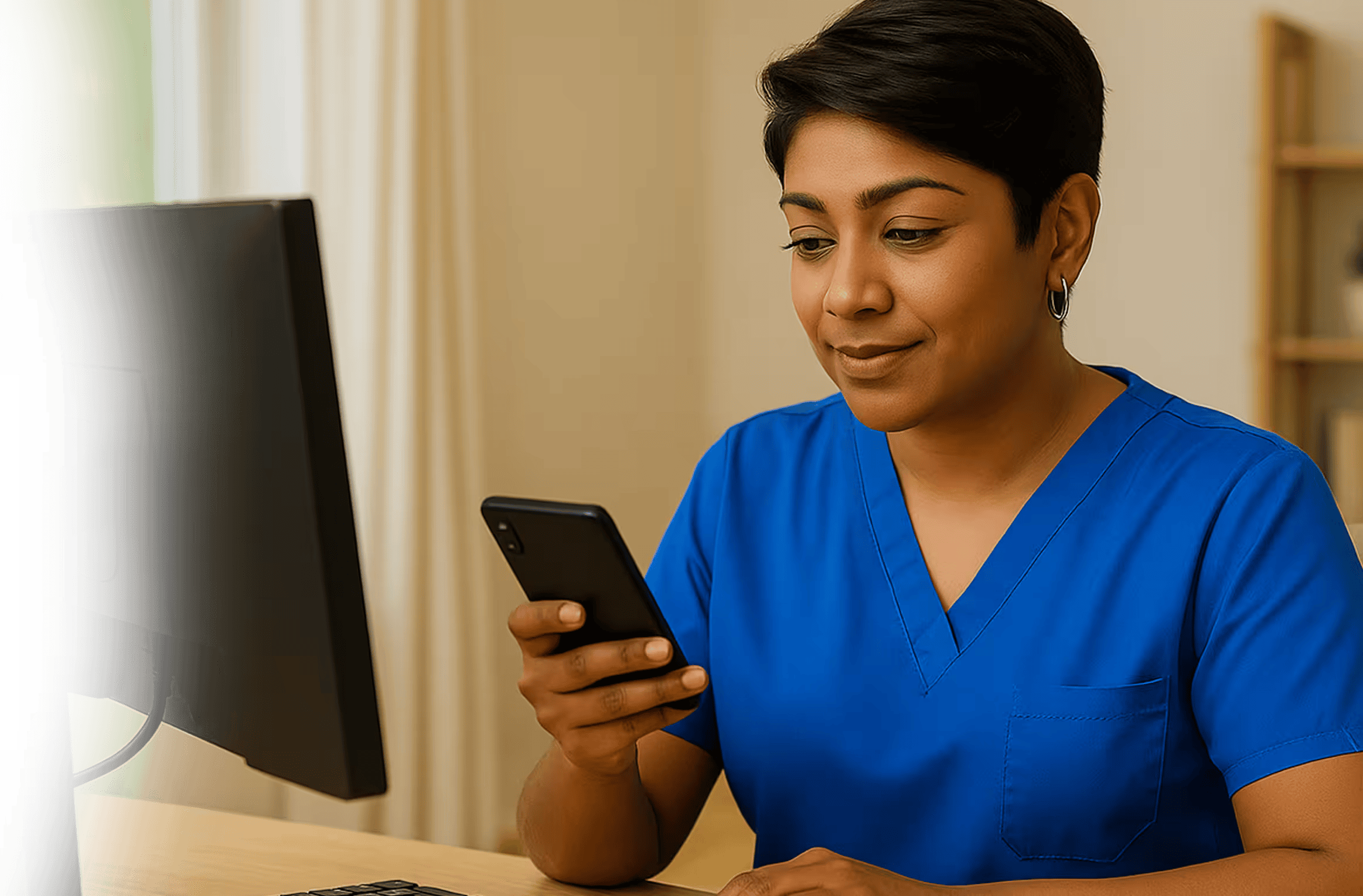 Caregiver using advanced home care technology to monitor and assist a senior